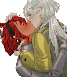 Rule 34 | 2girls, absurdres, blush, closed eyes, crying, crying with eyes open, grey eyes, grey hair, gundam, gundam suisei no majo, hairband, highres, hug, kiss, korean commentary, long hair, looking at another, miorine rembran, multiple girls, ponytail, red hair, simple background, snapagi, spacesuit, suletta mercury, tears, thick eyebrows, upper body, white background, yuri