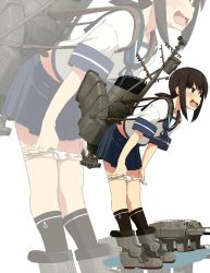 Rule 34 | 1girl, @ @, anchor, anchor symbol, ankle boots, bad id, bad twitter id, blue skirt, blush, boots, brown eyes, brown hair, brown socks, embarrassed, fubuki (kancolle), full body, grey footwear, greyscale, gun, kantai collection, kneehighs, kozou (rifa), leaning forward, long hair, low ponytail, miniskirt, monochrome, open mouth, panties, panty pull, pleated skirt, removing panties, rigging, school uniform, serafuku, shirt, short sleeves, sidelocks, simple background, skirt, socks, solo, standing, sweatdrop, underwear, undressing, wavy mouth, weapon, white background, white panties, white shirt, zoom layer