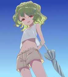 Rule 34 | 1girl, aged down, alternate costume, arms behind back, blue background, breasts, brown shorts, closed umbrella, commentary request, crop top, gradient background, green hair, kazami yuuka, midriff, navel, open mouth, red eyes, s-a-murai, shirt, short hair, shorts, sleeveless, small breasts, solo, standing, touhou, umbrella, umbrella on arm, wavy hair, white shirt