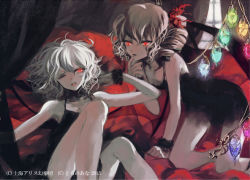 Rule 34 | 2girls, bat wings, bed, black dress, blonde hair, bow, canopy bed, curtains, dress, drill hair, finger to mouth, flandre scarlet, hair ribbon, kneeling, legs, lying, minase (mmakina), multiple girls, nightgown, on back, on bed, one eye closed, open mouth, red eyes, remilia scarlet, ribbon, short hair, siblings, side ponytail, silver hair, sisters, sitting, sleeveless, sleeveless dress, touhou, window, wings, wink, wrist cuffs