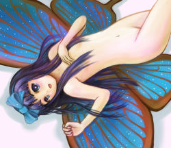 Rule 34 | 1girl, blue eyes, blush, butterfly wings, eastern and little nature deity, fairy, female focus, flat chest, hair ribbon, hime cut, insect wings, long hair, lying, nude, purple hair, ribbon, sai-go, solo, star sapphire, touhou, touhou sangetsusei, wings