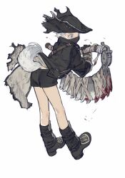Rule 34 | 1boy, aged down, black coat, black footwear, black shorts, blood, bloodborne, bloody weapon, blue eyes, boots, coat, from behind, full body, gougougougou, hat, highres, holding, holding weapon, hunter (bloodborne), male focus, mask, mouth mask, saw, saw cleaver, short hair, shorts, simple background, solo, tail, tears, tricorne, weapon, white background, white hair