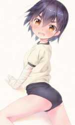 Rule 34 | 1girl, :d, aged down, bakemonogatari, bandaged arm, bandages, beige background, black hair, black one-piece swimsuit, blush, brown eyes, commentary request, dutch angle, gym shirt, hair between eyes, kanbaru suruga, looking at viewer, looking to the side, monogatari (series), nose blush, one-piece swimsuit, open mouth, pu-en, round teeth, shirt, short hair, short sleeves, simple background, smile, solo, swimsuit, swimsuit under clothes, teeth, thick eyebrows, upper teeth only, white shirt