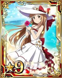 Rule 34 | 10s, 1girl, asuna (sao), bare shoulders, beach, bow, breasts, brown eyes, brown hair, card (medium), cleavage, collarbone, day, dress, flower, hat, hibiscus, looking at viewer, matching hair/eyes, medium breasts, ocean, outdoors, red bow, red flower, short hair, sleeveless, sleeveless dress, smile, solo, sword art online, white flower, white hat