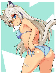 Rule 34 | 1girl, adjusting clothes, adjusting swimsuit, animal ears, ass, back, bikini, blue bikini, blue eyes, body markings, breasts, cat ears, cat girl, cat tail, commentary, cougar (cougar1404), cowboy shot, from behind, grey hair, heterochromia, leaning forward, long hair, looking at viewer, looking back, medium breasts, original, side-tie bikini bottom, silui (cougar1404), solo, standing, swimsuit, tail, tan, tiger stripes, wedgie, yellow eyes
