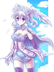 Rule 34 | 1girl, akaza, arms behind back, black thighhighs, blush, breasts, cape, cleavage, curly hair, elbow gloves, gloves, green eyes, head wings, light purple hair, looking at viewer, melia antiqua, nintendo, short hair, sketch, skirt, smile, solo, thighhighs, wings, xenoblade chronicles (series), xenoblade chronicles 1, zettai ryouiki