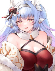 Rule 34 | 1girl, animal ears, bare shoulders, blue hair, blush, breasts, catura (granblue fantasy), catura (holiday) (granblue fantasy), cleavage, cow ears, cow girl, cow horns, draph, dress, granblue fantasy, hairband, horns, koretsuki azuma, large breasts, long hair, looking at viewer, open mouth, pointy ears, red dress, smile, solo, twintails