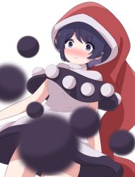 Rule 34 | 1girl, :3, bad id, bad pixiv id, black capelet, blue eyes, blue hair, blurry, blurry foreground, blush, breasts, capelet, commentary, cowboy shot, doremy sweet, dress, hat, looking at viewer, medium breasts, nightcap, nose blush, pom pom (clothes), red hat, short hair, simple background, solo, standing, thighs, touhou, white background, white dress, yukome