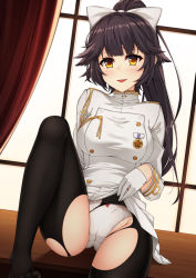 Rule 34 | 1girl, azur lane, black hair, black pantyhose, bow, bow panties, cameltoe, clothes lift, come hither, commentary, gloves, hair bow, half gloves, healther, highres, indoors, knee up, lifted by self, long hair, long sleeves, looking at viewer, military, military uniform, no shoes, panties, pantyhose, pleated skirt, ponytail, sarong, sitting, skirt, skirt lift, smile, solo, takao (azur lane), torn clothes, torn pantyhose, underwear, uniform, white bow, white gloves, white panties, white skirt, window, yellow eyes