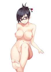 Rule 34 | 1girl, arms at sides, barefoot, beads, black-framed eyewear, black hair, breasts, brown hair, collarbone, completely nude, eyebrows, feet, glasses, groin, hair bun, hair ornament, hair stick, hairpin, large breasts, looking at viewer, mei (overwatch), navel, nipples, nude, o-yatsu, overwatch, overwatch 1, short hair, simple background, single hair bun, smile, snowflake hair ornament, soles, solo, swept bangs, toes, white background