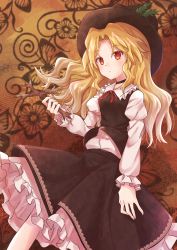 Rule 34 | absurdres, blonde hair, brown background, brown hat, brown skirt, brown vest, collar, cowboy shot, cross, dolls in pseudo paradise, floral background, frilled shirt collar, frilled skirt, frilled sleeves, frills, hat, hat feather, highres, holding, holding cross, huge filesize, jacket girl (dipp), juliet sleeves, long hair, long sleeves, looking at viewer, puffy sleeves, ramie (ramie541), red eyes, red neckwear, red ribbon, ribbon, shirt, skirt, solo, touhou, vest, vest lift, white shirt