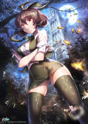 Rule 34 | 1girl, artist name, between fingers, black thighhighs, bow, breasts, brown hair, brown vest, building, bullet, buttons, cartridge, clock, clock tower, closed mouth, collared shirt, cowboy shot, crossed arms, full moon, glint, gluteal fold, grass, hair between eyes, hair bow, hair ribbon, highres, holding, kyjsogom, looking at viewer, looking down, medium breasts, moon, necktie, night, night sky, open clothes, open vest, original, outdoors, puffy short sleeves, puffy sleeves, red eyes, ribbon, shell casing, shirt, short hair, short sleeves, silk, skindentation, sky, sol, solo, spider web, star (sky), starry sky, thighhighs, tower, tree, vest, watermark, web address, white shirt, wing collar, zettai ryouiki