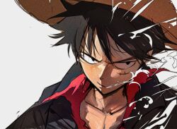 Rule 34 | 1boy, black hair, black suit, business suit, formal, hat, highres, male focus, monkey d. luffy, niroxin, one piece, one piece: strong world, shirt, solo, straw hat, striped clothes, striped shirt, suit