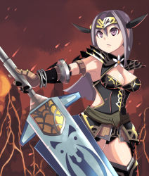 Rule 34 | 1girl, :o, armlet, armor, armpits, belt, black thighhighs, breasts, capcom, circlet, cleavage, cleavage cutout, clothing cutout, cloud, elbow gloves, flower, gloves, grey hair, headband, huge weapon, johnny funamushi, large breasts, leotard, long hair, looking away, midriff, lava, monster hunter, monster hunter (series), monster hunter frontier, mountain, noir (armor), open mouth, outdoors, purple eyes, purple hair, short hair, side slit, sky, solo, standing, strap, sword, thighhighs, weapon, zettai ryouiki