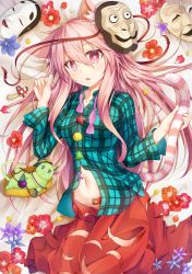 Rule 34 | 1girl, animal ears, animalization, aqua shirt, black hat, blue flower, bow, bowtie, breasts, cat, cat ears, cat tail, circle, collarbone, commentary request, cowboy shot, flower, green cat, green eyes, hair between eyes, hand up, hat, hat bow, hata no kokoro, highres, holding tail, kemonomimi mode, komeiji koishi, long hair, long sleeves, looking at viewer, lying, mask, mask on head, medium breasts, moai21, mushroom, navel, neck ribbon, on back, parted lips, petals, pink eyes, pink hair, plaid, plaid shirt, purple flower, purple ribbon, red flower, red skirt, ribbon, shirt, skirt, solo, star (symbol), tail, thighs, third eye, touhou, triangle, undone bowtie, very long hair, white flower, wing collar, x, yellow bow