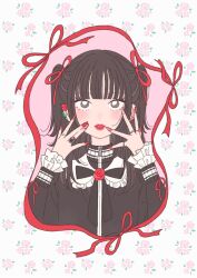 Rule 34 | 1girl, black bow, black eyes, black hair, black shirt, blunt bangs, bow, bowtie, bright pupils, commentary, ear piercing, earrings, floral background, flower, frilled sleeves, frills, hair ribbon, hands up, highres, jewelry, lipstick, long hair, long sleeves, looking at viewer, makeup, multiple rings, nail polish, original, piercing, red flower, red lips, red nails, red ribbon, red rose, ribbon, rikuwo, ring, rose, shirt, solo, straight-on, symbol-only commentary, two side up, upper body, white pupils