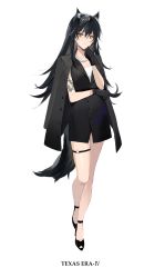 Rule 34 | 1girl, absurdres, alternate costume, animal ear fluff, animal ears, arknights, arm tattoo, bare legs, black dress, black footwear, black gloves, black hair, black jacket, commentary, dress, earrings, full body, gloves, high heels, highres, jacket, jacket on shoulders, jewelry, long hair, looking at viewer, meng ziya, necklace, parted lips, shirt, simple background, sleeveless, sleeveless dress, solo, tail, tattoo, texas (arknights), thigh strap, white background, white shirt, wolf ears, wolf tail, yellow eyes
