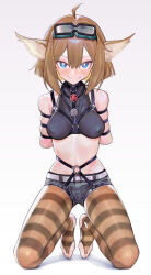 Rule 34 | 1girl, absurdres, aciddrop (arknights), ahoge, animal ears, arknights, ball, ball gag, bdsm, blue eyes, bondage, bound, bound arms, breasts, bridal legwear, bright pupils, brown hair, full body, gag, gag around neck, goggles, goggles on head, harness, highres, kneeling, looking at viewer, medium breasts, pantyhose, saaal653, second-party source, short hair, short shorts, shorts, skindentation, solo, stirrup legwear, striped clothes, striped pantyhose, toeless legwear, unworn gag, variant set, white pupils, wiffle gag