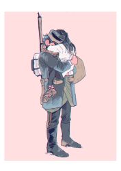 Rule 34 | 1boy, 1girl, ainu, ainu clothes, arisaka, asirpa, backpack, bag, bandana, belt, black footwear, black hair, black headwear, black pants, blue coat, bolt action, boots, brown belt, brown footwear, brown scarf, coat, commentary request, couple, covered face, framed, full body, golden kamuy, gun, hat, he lsinki, highres, holding person, hug, imperial japanese army, kepi, long hair, long sleeves, military, military hat, military uniform, open clothes, pants, pink background, pouch, rifle, scarf, short hair, simple background, standing, sugimoto saichi, two-tone headwear, uniform, weapon, weapon on back, yellow headwear