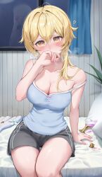 Rule 34 | 2girls, ?, arm support, ayaka (genshin impact), bare arms, bare shoulders, bed sheet, black shorts, blonde hair, blue camisole, blush, breasts, camisole, cleavage, commentary, covering own mouth, genshin impact, hair flaps, heart, heart-shaped pupils, heavy breathing, highres, indoors, large breasts, looking at viewer, love potion, lumine (genshin impact), mayuma (mayuma 0715), multiple girls, on bed, pillow, plant, short hair with long locks, shorts, sitting, solo focus, strap slip, symbol-only commentary, symbol-shaped pupils, yellow eyes