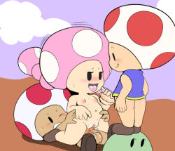 Rule 34 | 1girl, 2boys, ass, belly, black eyes, blush, bottomless, bouncing testicles, breasts, clenched teeth, clothed male nude female, clothes, cloud, dizzytizzy, erection, flat chest, group sex, handjob, lying, mario (series), mmf threesome, motion lines, multiple boys, mushroom girl, narrowed eyes, navel, nintendo, nipples, nude, on back, one eye closed, open mouth, outdoors, outdoors sex, penis, pussy, pussy juice, reverse cowgirl position, saliva, saliva trail, seductive smile, sex, sex from behind, shirt, small breasts, smile, standing, straddling, sweat, sweatdrop, teeth, testicles, threesome, toad (mario), toadette, tongue, tongue out, vaginal, waist grab