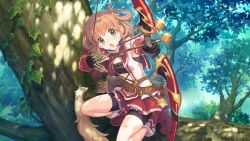 Rule 34 | 1girl, arrow (projectile), bow, bow (weapon), brown hair, chestnut mouth, cross-laced clothes, cross-laced top, cygames, green eyes, hair rings, holding, holding bow (weapon), holding weapon, official art, plant, princess connect!, rino (princess connect!), short shorts, shorts, shorts under skirt, solo, squatting, strapless, tree, tube top, v-shaped eyebrows, weapon