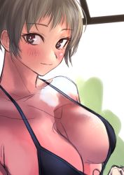 Rule 34 | 1girl, bikini, black bikini, blush, breasts, brown eyes, closed mouth, from side, grey hair, highres, kilye kairi, large breasts, looking at viewer, looking to the side, original, short hair, sketch, smile, solo, swimsuit, upper body