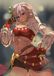 Rule 34 | 1girl, abs, bandeau, black gloves, black shorts, breasts, cape, cleavage, clenched hand, commentary request, cowboy shot, crop top, dark-skinned female, dark skin, drawstring, earrings, fingerless gloves, fiorito (granblue fantasy), gloves, granblue fantasy, grey hair, grin, groin, hair between eyes, hair ornament, hair ribbon, hand up, highres, hood, hood down, hooded jacket, jacket, jewelry, long sleeves, looking at viewer, medium breasts, midriff, muscular, muscular female, navel, official alternate costume, red bandeau, red cape, ribbon, rizzy, short hair, short shorts, shorts, shrug (clothing), sidelocks, smile, snowflake hair ornament, solo, standing, standing on one leg, teeth, waist cape, white jacket