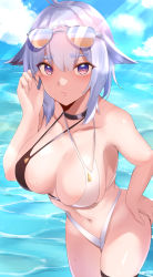 Rule 34 | 1girl, absurdres, antenna hair, azur lane, bare arms, bare shoulders, bikini, black choker, blue sky, breasts, choker, cloud, commentary request, cowboy shot, criss-cross halter, day, eyewear on head, hair flaps, halterneck, hand on own hip, hand up, haneramu, highres, large breasts, looking at viewer, navel, official alternate costume, outdoors, purple eyes, purple hair, short hair, sky, solo, standing, stomach, sunglasses, swimsuit, thighs, tosa (azur lane), tosa (hometown zest) (azur lane)