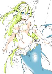 Rule 34 | 1girl, absurdres, air bubble, bikini, blue eyes, blush, breasts, bubble, earrings, facial mark, fins, green hair, hair between eyes, hair ornament, head fins, highres, jewelry, large breasts, long hair, looking at viewer, mermaid, monster girl, navel, original, parted lips, ponytail, simple background, sketch, solo, suruga (xsurugax), swimsuit, underwater, very long hair, white background