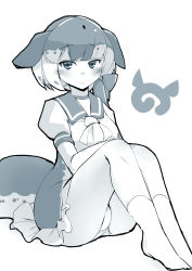 Rule 34 | 10s, 1girl, absurdres, ascot, bow, cetacean tail, dress, fins, fish tail, frilled dress, frills, greyscale, hair bow, highres, japari symbol, kanzakietc, kemono friends, looking at viewer, monochrome, multicolored hair, narwhal (kemono friends), panties, puffy short sleeves, puffy sleeves, sailor dress, short dress, short hair with long locks, short sleeves, simple background, sitting, smile, solo, tail, underwear, white background