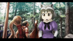 Rule 34 | 10s, 1girl, animal ears, archer (small soldiers), black hair, blush, boat, bow, brown eyes, chromatic aberration, common raccoon (kemono friends), crossover, forest, gloves, grey hair, kemono friends, letterboxed, looking at another, multicolored hair, nature, ocula, open mouth, outdoors, quiver, raccoon ears, short hair, short sleeves, small soldiers, tearing up, troglokhan, ueyama michirou, watercraft, white hair