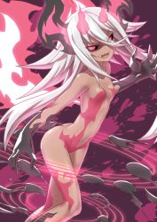 Rule 34 | 1girl, claws, dark-skinned female, dark skin, eyes visible through hair, fang, fire, hameln (mary skelter), long hair, looking at viewer, mary skelter, mizunashi (second run), nude, standing, v-shaped eyebrows, very long hair, white hair