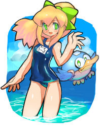 Rule 34 | 1girl, :d, android, beat (mega man), blonde hair, blue sky, blush, bow, breasts, cloud, covered navel, dakusuta, green bow, green eyes, hair bow, high ponytail, highres, long hair, ocean, open mouth, ponytail, mega man (series), mega man (classic), roll (mega man), school swimsuit, sidelocks, sky, small breasts, smile, solo, swimsuit