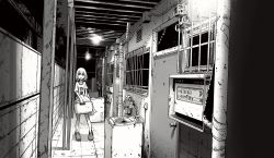 Rule 34 | 1girl, absurdres, barred window, bars, basket, broken window, cable, collarbone, commentary request, corrugated galvanized iron sheet, crocs, door, greyscale, highres, holding, holding basket, industrial pipe, laundry, laundry basket, looking at viewer, monochrome, night, omao, open mouth, original, outdoors, pillar, scenery, shoes, short sleeves, solo, standing, tape, top-load washing machine, translation request, umbrella, v-shaped eyebrows, washing machine, wide shot, window