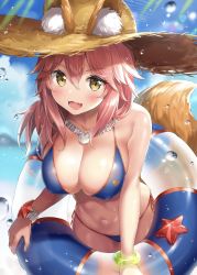 Rule 34 | 1girl, ale nqki, animal ear fluff, animal ears, bikini, blue bikini, blue sky, blurry, blush, breasts, cleavage, cloud, day, depth of field, fate/grand order, fate (series), fox ears, fox tail, hair between eyes, hat, highres, innertube, jewelry, large breasts, looking at viewer, navel, necklace, open mouth, pink hair, sand dollar, side-tie bikini bottom, skindentation, sky, smile, solo, starfish, straw hat, swim ring, swimsuit, tail, tamamo (fate), tamamo no mae (fate/extra), tamamo no mae (swimsuit lancer) (fate), wet, yellow eyes
