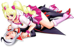 Rule 34 | 2girls, bad source, black choker, black gloves, black shorts, blonde hair, blush, boots, bow, breasts, choker, cure peach, dress, earrings, eas (fresh precure!), elbow gloves, fresh precure!, gloves, grey hair, hair ornament, hairband, heart, heart hair ornament, jewelry, knee boots, large breasts, long hair, lying, lying on another, magical girl, mokkouyou bond, multiple girls, on back, open mouth, pink bow, pink choker, pink eyes, precure, red eyes, shorts, skirt, smile, thighhighs, twintails, white hair, wrist cuffs, yuri