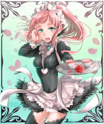 Rule 34 | 1girl, apron, blush, covered navel, cup, felicia (fire emblem), fire emblem, fire emblem fates, flower, green eyes, haru (nakajou-28), highres, long hair, maid, maid apron, maid headdress, nintendo, open mouth, petals, ponytail, rose, solo, teacup, teeth, thighhighs