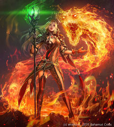 Rule 34 | 1girl, bahamut crisis, black gloves, black legwear, blonde hair, breasts, eudia (serenity2200), fire, full body, garter straps, gloves, glowing, glowing weapon, holding, holding staff, horns, lipstick, long hair, looking at viewer, makeup, medium breasts, midriff, navel, outstretched hand, red gloves, skull, staff, standing, striped clothes, striped legwear, striped thighhighs, thighhighs, vertical-striped clothes, vertical-striped legwear, vertical-striped thighhighs, watermark, weapon