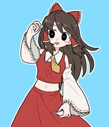 Rule 34 | 1girl, black eyes, blue background, bow, brown hair, bseibutsu, collared shirt, commentary, cookie (touhou), cowboy shot, detached sleeves, empty eyes, enema, frilled bow, frilled hair tubes, frills, hair bow, hair tubes, hakurei reimu, long hair, looking to the side, medium bangs, midriff, navel, necktie, noel (cookie), open mouth, outline, red bow, red shirt, red skirt, ribbon-trimmed sleeves, ribbon trim, shirt, sidelocks, simple background, skirt, skirt set, sleeveless, sleeveless shirt, smile, solo, touhou, white outline, white sleeves, wide sleeves, yellow necktie