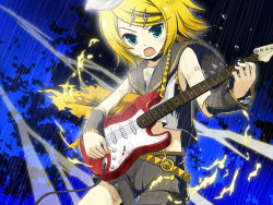 Rule 34 | 1girl, bad id, bad pixiv id, blonde hair, electric guitar, electricity, guitar, instrument, kagamine rin, musical note, open mouth, shiramori yuse, shorts, solo, torn clothes, vocaloid