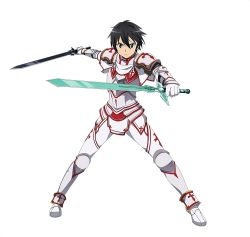 Rule 34 | 10s, 1boy, armor, armored boots, black hair, boots, dual wielding, full body, gloves, highres, holding, holding sword, holding weapon, kirito, looking at viewer, male focus, official art, short hair, shoulder armor, simple background, solo, pauldrons, sword, sword art online, sword art online: code register, weapon, white background, white gloves