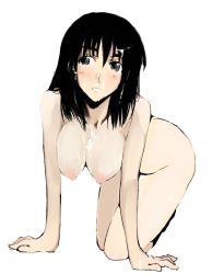 Rule 34 | 00s, 1girl, all fours, blush, breasts, cleavage, cosaten, cum, hanging breasts, large breasts, nipples, nude, pale breasts, school rumble, solo, suou mikoto (school rumble)