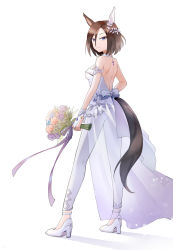 Rule 34 | 1girl, air groove (quercus civilis) (umamusume), air groove (umamusume), animal ears, bare shoulders, blue eyes, bouquet, bride, brown hair, chinese commentary, commentary, commentary request, dress, ear covers, english commentary, flower, from side, full body, hair between eyes, hair flower, hair ornament, high heels, highres, holding, holding bouquet, horse ears, horse girl, looking at viewer, mixed-language commentary, official alternate costume, purple flower, purple rose, qi&#039;e (penguin), rose, short hair, simple background, solo, umamusume, wedding dress, white background, white dress, white footwear