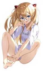 Rule 34 | 1girl, @shun, barefoot, bespectacled, blue eyes, feet, glasses, highres, light blush, long hair, looking at viewer, neon genesis evangelion, open mouth, shirt, soles, solo, souryuu asuka langley, t-shirt, toes, twintails