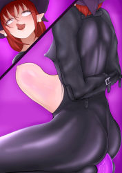 Rule 34 | 1girl, absurdres, ahegao, bdsm, bodysuit, dildo, earrings, hat, highres, jewelry, kirisame marisa, kirisame marisa (pc-98), large insertion, latex, latex bodysuit, pointy ears, purple hat, red hair, restrained, saotome1027, sex toy, short hair, simple background, skin tight, stomach bulge, straitjacket, tongue, tongue out, touhou, touhou (pc-98), witch hat