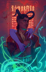 1boy absurdres artist_name baldur&#039;s_gate baldur&#039;s_gate_3 belt black_sclera bracer colored_sclera contract curled_horns dark-skinned_male dark_skin dungeons_&amp;_dragons dungeons_&amp;_dragons grey_eyes hell-alka heterochromia highres holding holding_sword holding_weapon horns magic red_eyes scar scar_on_face sword tarot weapon wyll_(baldur&#039;s_gate)