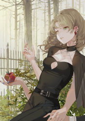 Rule 34 | 3girls, alternate costume, alternate hair length, alternate hairstyle, apple, bare tree, belt, black belt, black capelet, black choker, black dress, blonde hair, braid, breasts, capelet, center opening, choker, cleavage, cleavage cutout, clothing cutout, collarbone, commentary, cowboy shot, cuff links, damaged, dress, earrings, fence, floating hair, food, fruit, giving, hand grab, hand up, highres, holding, holding food, holding fruit, jewelry, kirisame marisa, leaf, looking away, low neckline, medium breasts, medium hair, multiple girls, off-shoulder dress, off shoulder, outdoors, outstretched hand, parted lips, plant, red apple, reeh (yukuri130), ring, side braid, sidelocks, single braid, solo focus, teeth, touhou, tree, witch, yellow eyes