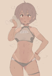 1girl absurdres ahoge bare_arms bare_shoulders blush brown_background brown_hair cafin cowboy_shot crop_top dark-skinned_female dark_skin highres league_of_legends navel panties shirt short_hair simple_background solo standing taliyah tan tomboy underwear