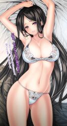 Rule 34 | 1girl, armpits, arms up, black hair, bra, breasts, cleavage, coffee cat, head tilt, highres, huge breasts, long hair, looking at viewer, lying, navel, non-web source, on back, open mouth, panties, parted bangs, purple eyes, see-through, smile, solo, string panties, underwear, underwear only, very long hair, white bra, white panties